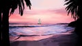 Painting landscape sea with boat,palm trees and boat Royalty Free Stock Photo