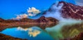 Landscape panorama with mountain lake. panoramic view of the Caucasus mountains and forest lake Royalty Free Stock Photo