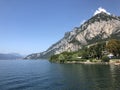 Beautiful landscape, panoramic view mountain and lake Como in Lecco city, Italy, blue water and clear sky background Royalty Free Stock Photo