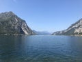 Beautiful landscape, panoramic view mountain and lake Como in Lecco city, Italy, blue water and clear sky background Royalty Free Stock Photo