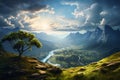 Beautiful landscape, panoramic views of valley and mountains, with river running through it. The sky is cloudy and haze Royalty Free Stock Photo