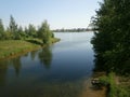 A beautiful landscape with a picture of a river flowing into a reservoir, where wide, big-leafed trees grow on the sides. Royalty Free Stock Photo