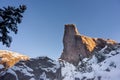 Wall of rock in winter close to Christmas Holiday with pine tree