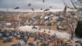 Beautiful landscape of pigeons are flying in Cappadocia pigeon valley, Uchisar, Turkey. Royalty Free Stock Photo