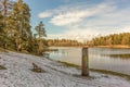 Beautiful landscape of pine tree forest, snow covered field with a single bench near the lake Royalty Free Stock Photo