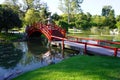 Beautiful landscape with a red bridge over a small river in a Japanese garden in Buenos Aires Royalty Free Stock Photo