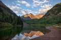 Beautiful landscape of the reflection of Maroon Bells mountain peak on a mirror lake in Colorado Royalty Free Stock Photo