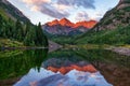 Beautiful landscape of the reflection of Maroon Bells mountain peak on a mirror lake in Colorado Royalty Free Stock Photo