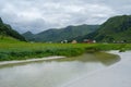 Beautiful landscape of Refviksanden Beach with mountain houses