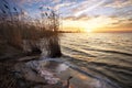 Beautiful landscape with reservoir and sunset sky