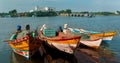 Beautiful landscape of the river arasalaru with fishermen boats near karaikal beach.