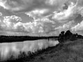 Beautiful landscape on the river in black and white image Royalty Free Stock Photo