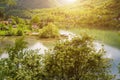 Beautiful landscape of river curve and rural settlement