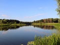 Beautiful landscape, river, forest, green trees, reeds, reflection of trees in the water, blue sky, clouds Royalty Free Stock Photo