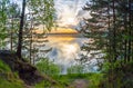 Beautiful landscape with river, forest and sunrise Royalty Free Stock Photo