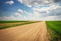 Beautiful landscape with road, green fields and cloudy sky Royalty Free Stock Photo