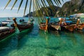 Beautiful landscape of rocks mountain and crystal clear sea with longtail boat Thailand. Summer, Travel, Vacation, Holiday concept Royalty Free Stock Photo