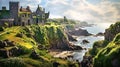 Beautiful landscape with Ruins of medieval English castle staying on rocks at the seaside