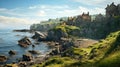 Beautiful landscape with Ruins of medieval English castle staying on rocks at the seaside