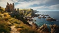 Beautiful landscape with Ruins of medieval English castle staying on rocks at the seaside