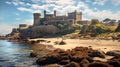 Beautiful landscape with Ruins of medieval English castle staying on rocks at the seaside