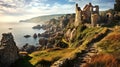 Beautiful landscape with Ruins of medieval English castle staying on rocks at the seaside