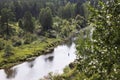 View from the mountain to the forest and river on a sunny summer day