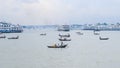 Beautiful landscape of Sadarghat river port on Buriganga river in Dhaka. Ferry boats on the river with a cloudy sky background Royalty Free Stock Photo