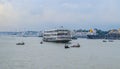 Beautiful landscape of Sadarghat river port on Buriganga river in Dhaka. Ferry boats on the river with a cloudy sky background Royalty Free Stock Photo
