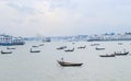 Beautiful landscape of Sadarghat river port on Buriganga river in Dhaka. Ferry boats on the river with a cloudy sky background Royalty Free Stock Photo