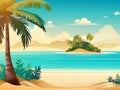 A beautiful landscape of a sandy beach, in vector art, with palm tree, plants, small island, blue sea, sky, clouds, background Royalty Free Stock Photo