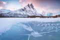 Beautiful landscape scene with Signaldalelva river and Otertinden mountain in background in Northern Norway . Sunset Royalty Free Stock Photo