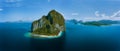 Beautiful landscape scenery in El Nido, Palawan, Philippines. Aerial drone panoramic shot of Pinagbuyutan Island. Bacuit