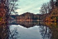 Beautiful landscape scenery of forest and park by the Trakoscan lake in Croatia, county hrvatsko zagorje