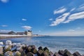 Eautiful landscape scenic of Hakodate mountain at the end of Matsukura river to ocean in Hakodate city