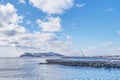 Beautiful landscape scenic of Hakodate mountain at the end of Matsukura river to ocean.