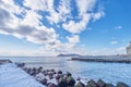 Beautiful landscape scenic of Hakodate mountain at the end of Matsukura river to ocean.