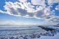 Beautiful landscape scenic of Hakodate mountain at the end of Matsukura river to ocean.