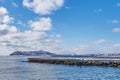 Eautiful landscape scenic of Hakodate mountain at the end of Matsukura river to ocean in Hakodate city