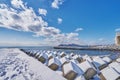 Beautiful landscape scenic of Hakodate mountain at the end of Matsukura river to ocean in Hakodate city