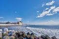 Beautiful landscape scenic of Hakodate mountain at the end of Matsukura river to ocean in Hakodate city