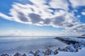 Beautiful landscape scenic of Hakodate mountain at the end of Matsukura river to ocean.