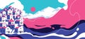 Beautiful landscape of scenic village on edge of island in the middle of the sea in blue and pink. Vector illustration Royalty Free Stock Photo