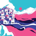 Beautiful landscape of scenic village on edge of island in the middle of the sea in blue and pink. Vector illustration for poster Royalty Free Stock Photo