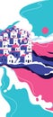 Beautiful landscape of scenic village on edge of island in the middle of the sea in blue and pink. Vector illustration Royalty Free Stock Photo