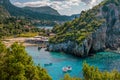 Beautiful landscape with seaÃ¢â¬âlagoon, beach, colorful boats on turquoise water surface Royalty Free Stock Photo