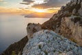 Beautiful landscape with sea and rocks, sunset on the Mediterranean sea. Royalty Free Stock Photo