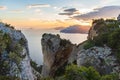 Beautiful landscape with sea and rocks, sunset on the Mediterranean sea. Royalty Free Stock Photo