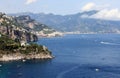 Beautiful landscape with sea, rocks and traditional Italian architecture at sunset. Royalty Free Stock Photo