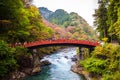 Beautiful landscape of Shinkyo Bridge in autumn season, one of the famous destination at Nikko, Tochigi Prefecture, Japan.